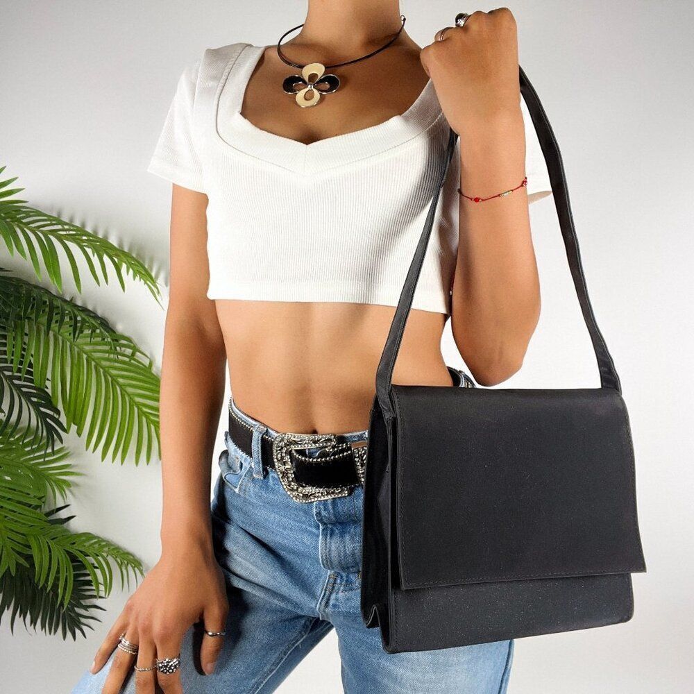Vintage 90s Lancôme Black Grunge Baddie Minimalist Glitter Shoulder Bag Purse